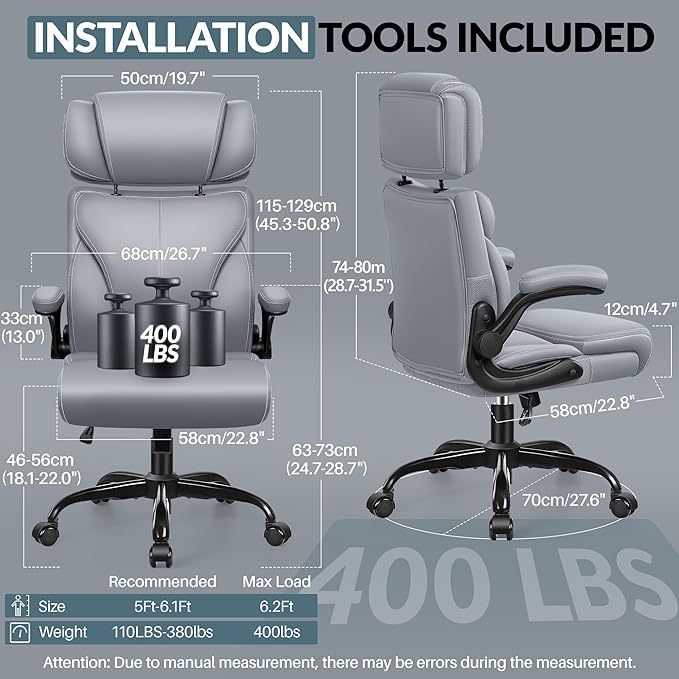 Office Chair, Ergonomic Big and Tall Computer Desk Chair with Retractable Adjustable Headrest, Executive Breathable Leather Chair, Lumbar Support Swivel PC Chair with Flip-up Armrests Rocking Function