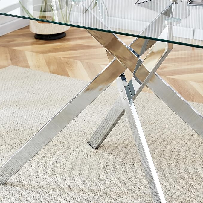 51" Rectangular Glass Dining Table Modern Kitchen Glass Top Table for 4 with Silver Metal Legs, Clear Dining Table Kitchen Table for Home Office Dining Room