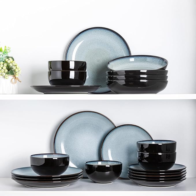 LeRatio Ceramic Dinnerware Sets for 6,Stoneware Plates and Bowls Sets,Handmade Reactive Glaze Dishes Set,Chip Resistant and Scratch Resistant | Oven&Dishwasher & Microwave Safe-Gray White(18PCS)