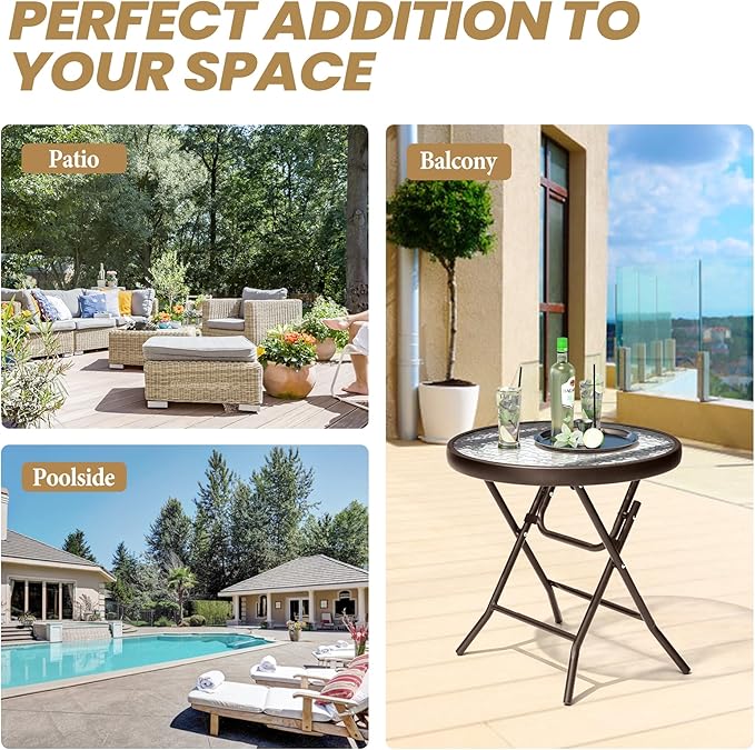 Foldable Side Table with Tempered Glass Top 18" Outdoor Folding Side Table Small Glass Patio Tables for Porch Yard Balcony Deck Lawn Dining Garden (Brown)