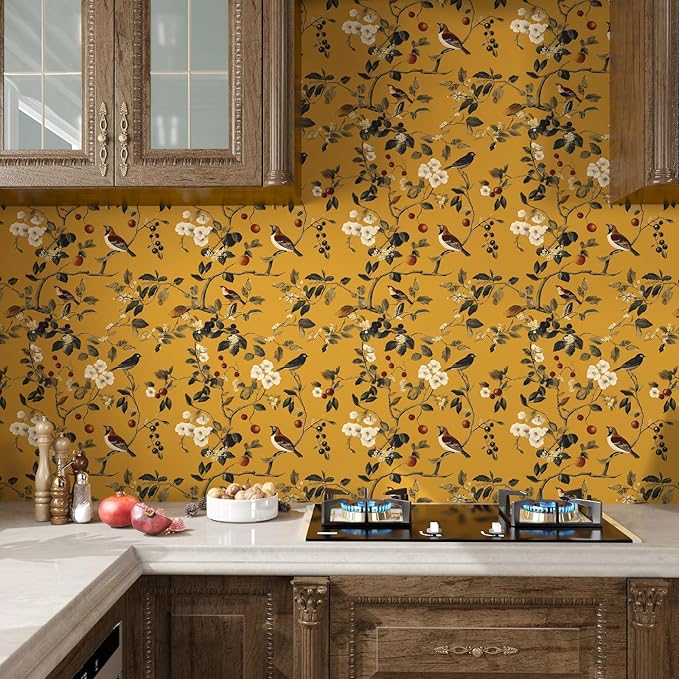 Laatse Vintage Bird Wallpaper 17.5"x393" Yellow Chinoiserie Floral Wallpaper