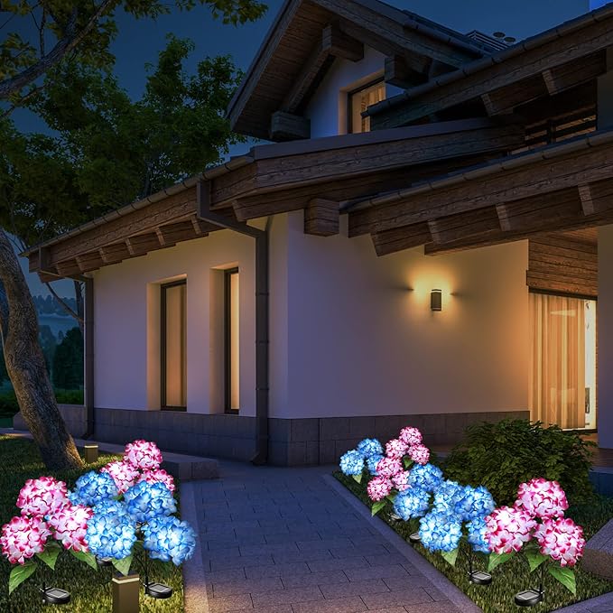 Solar Flower Lights - 2 Pack Waterproof Garden Lights with Solar Hydrangea Stake, Decorative for Patio, Courtyard, Garden Lawn (Blue & Rose Red)