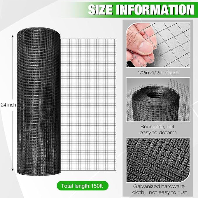 Tatuo Hardware Cloth 1/2 Inch 24in x 150ft Hot Dip Galvanized After Welded Cage Mesh Rolls 21 Gauge Metal Chicken Wire Roll Wire Fencing Poultry Netting for Raised Garden Rodent Animals