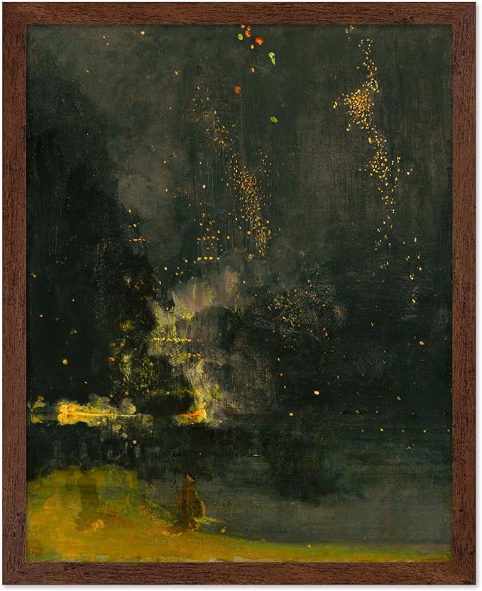 Poster Master Vintage Nocturne in Black and Gold Painting Poster - Retro The Falling Rocket Print - Abstract Art - Moody Art - Landscape Art - Office or Living Room Decor, 16x20 Brown Framed