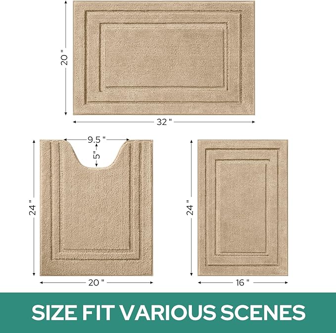 HOMEIDEAS Bathroom Rugs Sets 3 Piece, Super Soft and Absorbent Non Slip Microfiber Toilet Bath Mat with U-Shaped for Bathroom, Farmhouse (Khaki)