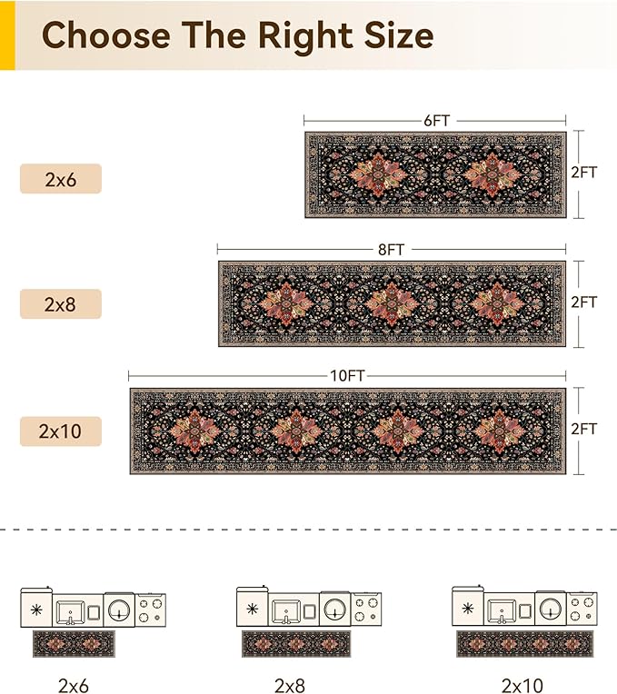 Area Rugs 2'x8' Runner Rug Non Slip Washable for Kitchen Hallway Bedroom Beside Laundry Room Bathroom Rug, Floor Carpet, Black Colorful Floral Dark Tan