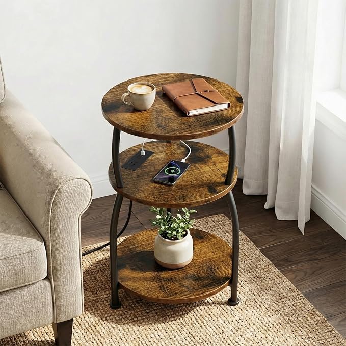 Round Side Table with Power Outlet & USB Ports, 3-Tier End Table with Storage Shelf, 15.7" Wide Nightstand for Small Spaces, Tall Bedside Table Capable of Charging Laptops & Phones, Rustic Brown