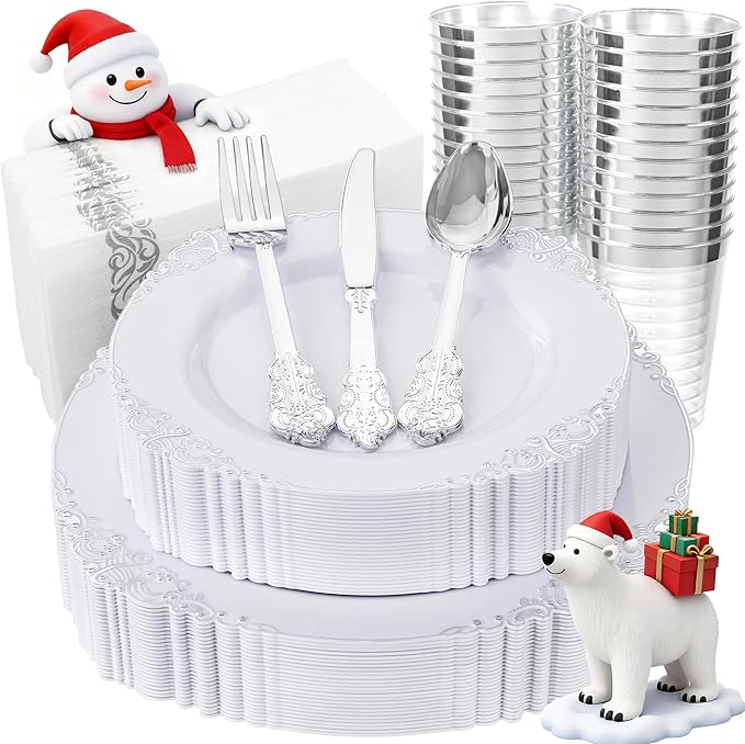 Nervure 175PCS Silver Plastic Plates - White and Silver Disposable Plates for 25 Guests Include 50Plates, 25Cups, 25Forks, 25Knives, 25Spoons, 25Napkins for Wedding & Party