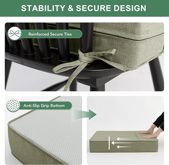 Summsun Water Resistant Outdoor Chair Cushions, Faux Linen Backrest and Deep Seat Cushion Set with Ties, Removable Cover, Non-Slip Bottom for Patio Furniture, 22 x 22 Inch, Mocca Green, Set of 2