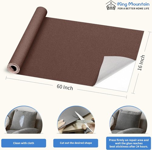 KING MOUNTAIN Canvas Repair Patch - 16x60 Inch Self-Adhesive Waterproof Fabric for Sofas, Tents & More (Brown)