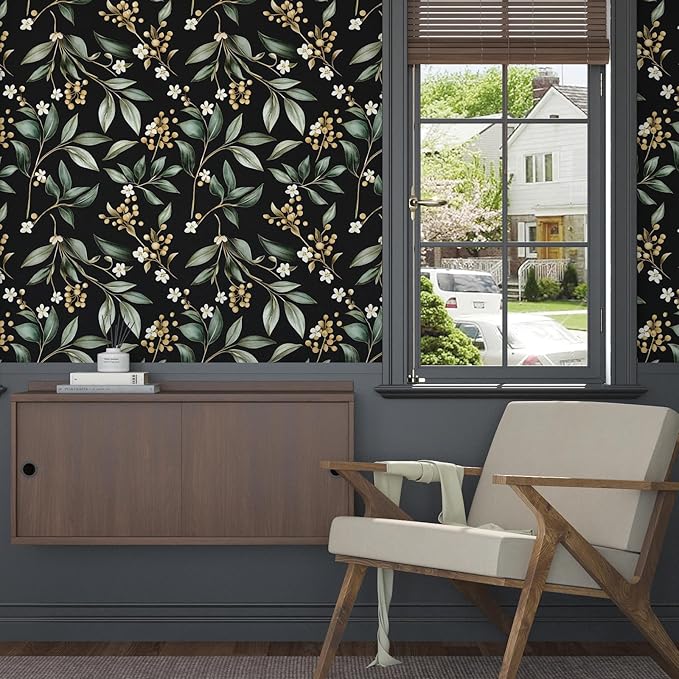 Black Green Floral Peel and Stick Wallpaper, 17.5" x 197" Vintage Dark Green