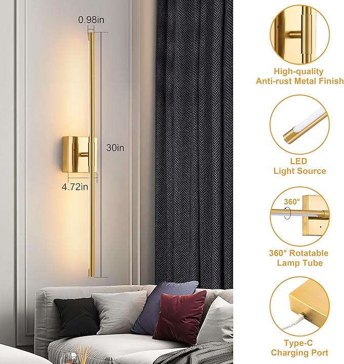 Morauroral 30″ Gold Battery Operated Wall Sconces Set of 2, Dimmable Wall