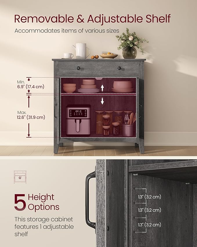 VASAGLE LIRY Collection - Buffet Cabinet, Coffee Bar Cabinet with a Drawer, Adjustable Shelf, Sideboard Storage with Cable Hole, Drawer Divider, Misty Gray UBBK341GW01S
