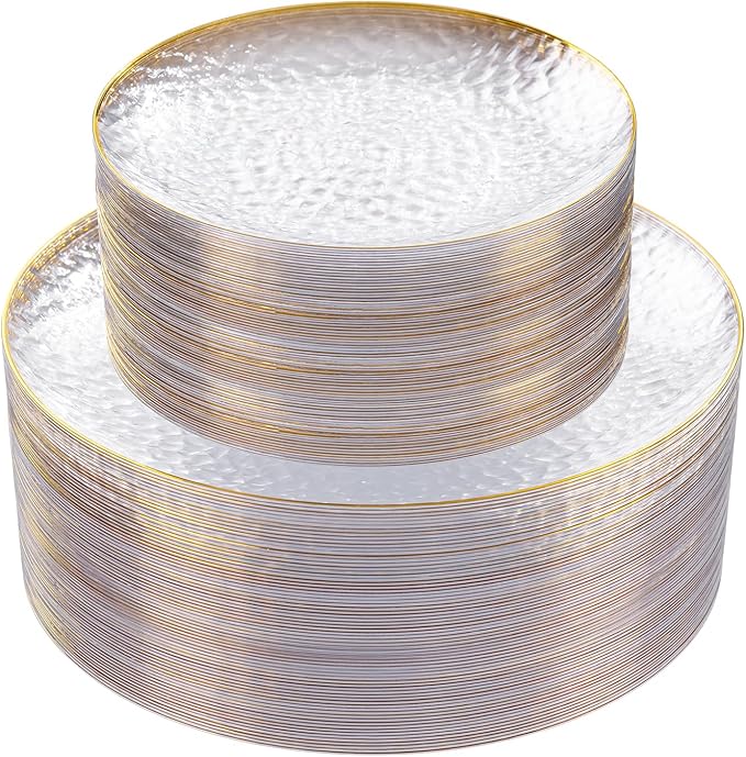 Rubtlamp 60Pcs Clear Plastic Plates,Clear Disposable Plates With Gold Rim,Heavy-duty Gold Plates,Hammered Party Plates Include 30Clear Dessert-Platos,30Dinner-Platos for Wedding, Party&Christmas