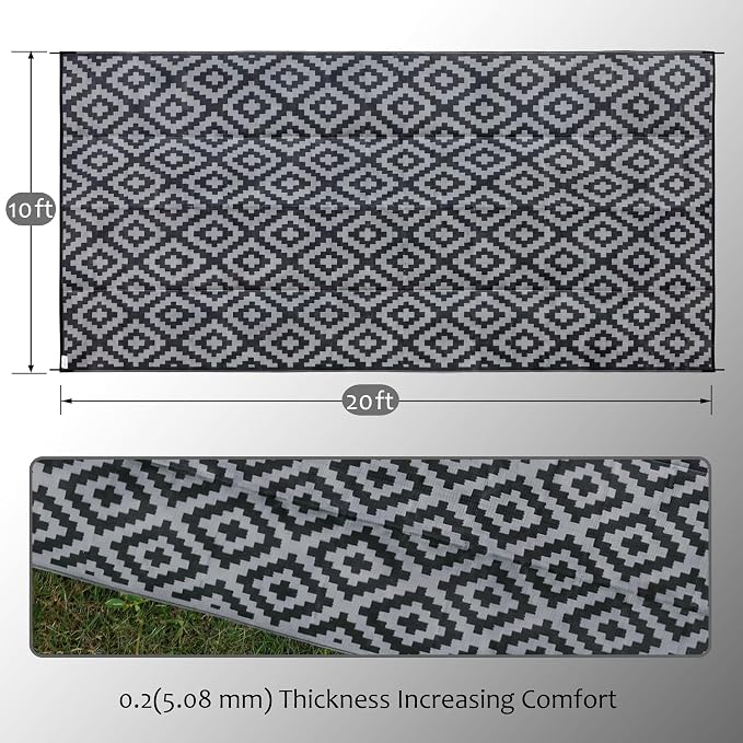 SAND MINE Waterproof Outdoor Rug 10x20 ft, Plastic Reversible Rug, Modern Area Rug, Large Floor Mat for Outdoors, RV, Patio, Backyard, Deck, Picnic, Beach, Camping, Black & Grey
