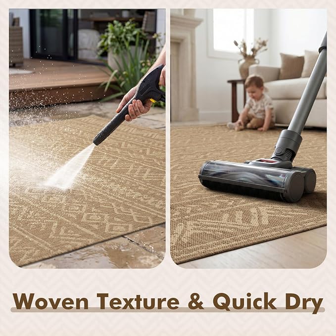 MontVoo-Outdoor Rug-Patio Rug 5x7 Polypropylene Indoor Outdoor Rugs Outdoor Carpet for Patio Deck Balcony Porch, Textured Weave, Durable for High Traffic, Fade-Resistant, Boho Farmhouse Neutral Brown