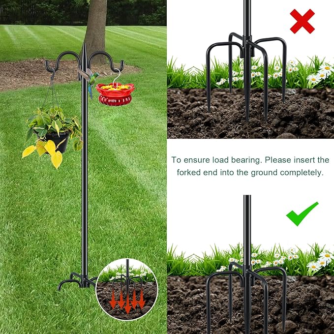 Gtongoko Bird Feeder Pole for Outdoors Heavy Duty, 2 Pack 92 Inch Double Shepherds Hook with 5-Prong Stable Base, 3/4 Inch Thick Hummingbird Feeder Stand for Hanging Plants, Lanterns