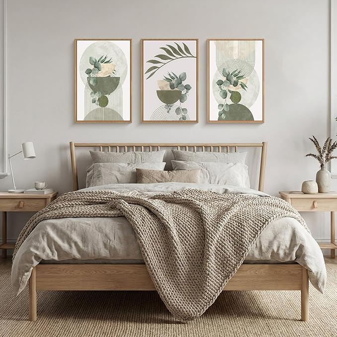 FWIEXA Sage Green Plant Canvas Wall Art Set 3, Abstract Geometric Line Botanical Framed Prints, Beige Minimalist Boho Leaf Paintings,16x24In Mid Century Modern Artwork for Living Room,Bedroom,Office
