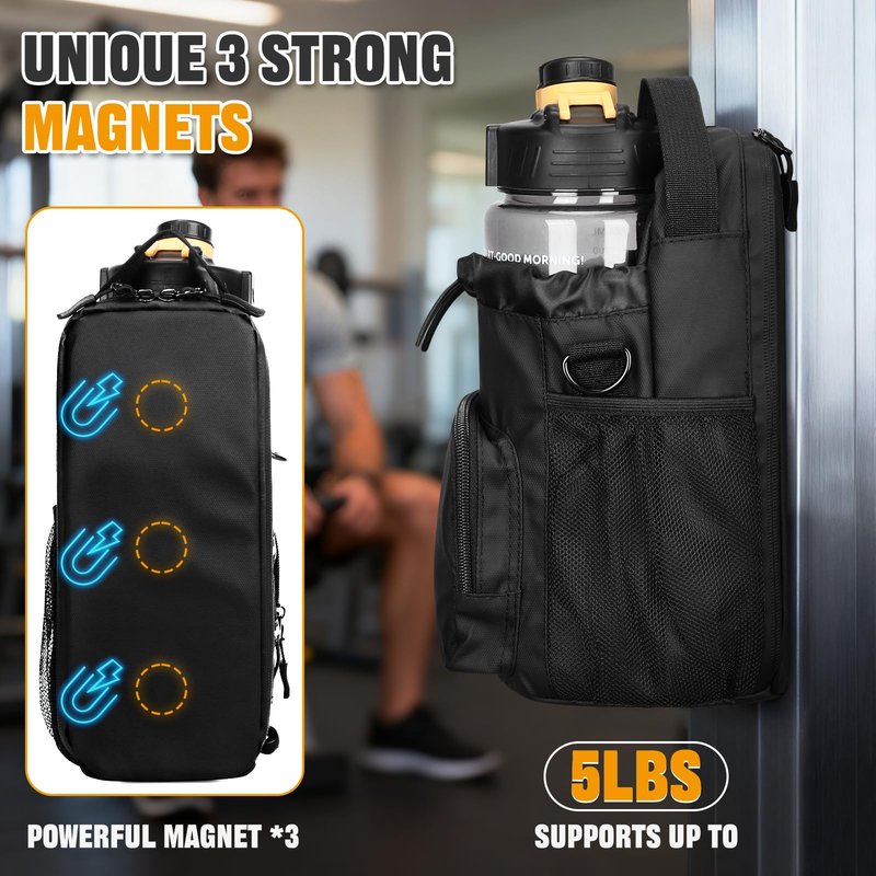 HUNTVP Magnetic Gym Bag Water Bottle Carrier Holder with Shoulder Strap & Phone Pockets, Magnetic Water Bottle Bag Pouch for Gym Fitness Essentials Accessories for Men and Women