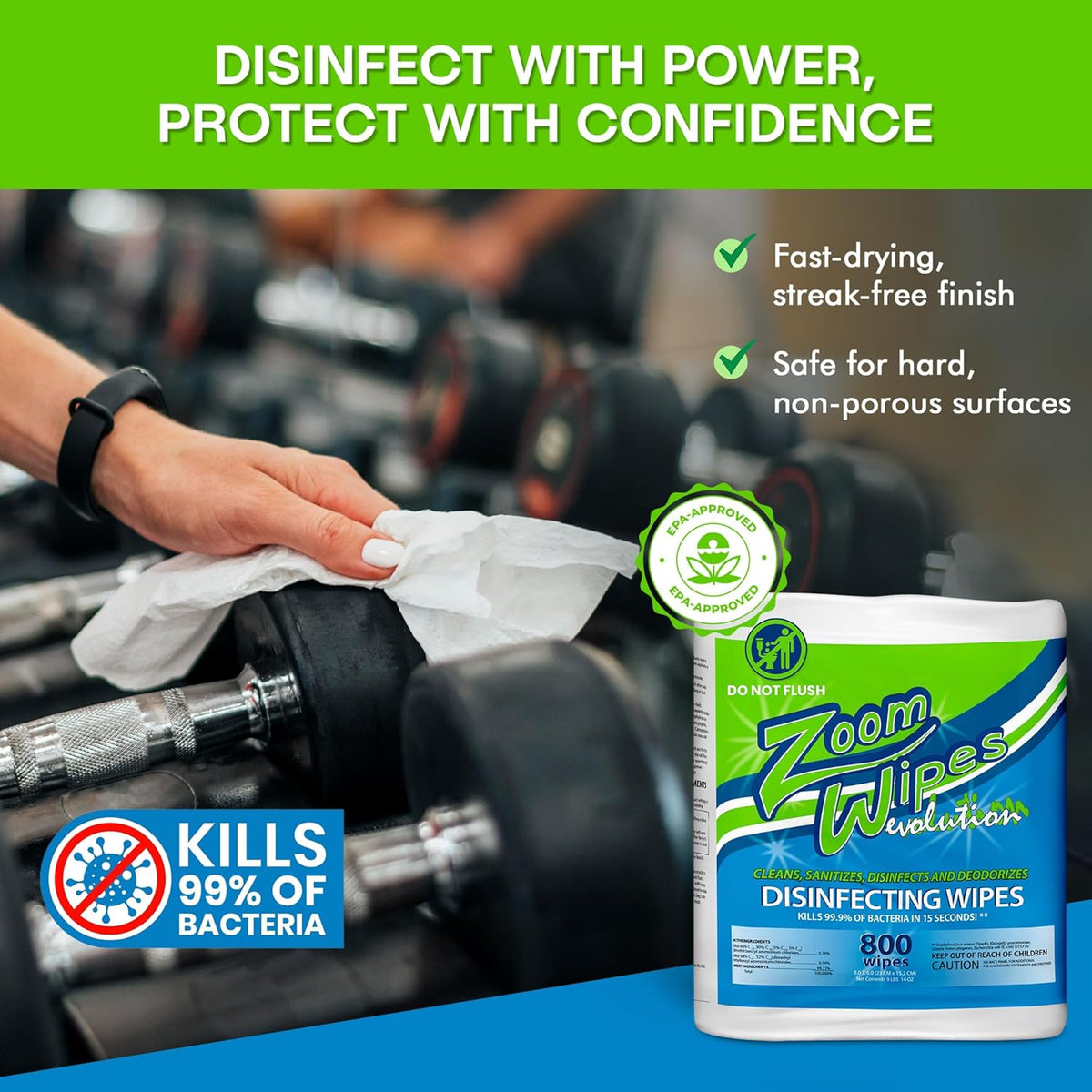Zoom Evolution Multi-Purpose Antibacterial Wipes, 3,200 Count – 4 Rolls of 800 Wipes Each, Disinfecting Cleaning & Sanitizing Solution for Home, Kitchen, Gym, Car & Office, Quick-Dry, EPA-Registered