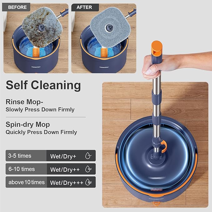 Spin Mop and Bucket Set, Mop Bucket with Separate Dirty Water System, Deep-Cleaning Mops for Floors/Wall, Versatile Mops with 4 Microfiber Mop Pads