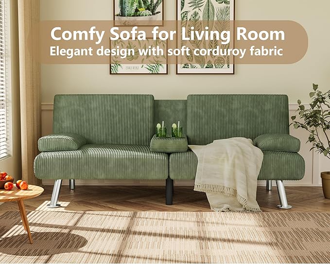 Flamaker Futon Sofa Bed Corduroy Folding Couch Adjustable Sleeper Sofa Bed for Small Apartment Upholstered Living Room Furniture Set with 2 Cup Holders Removable Armrests (Corduroy, Green)
