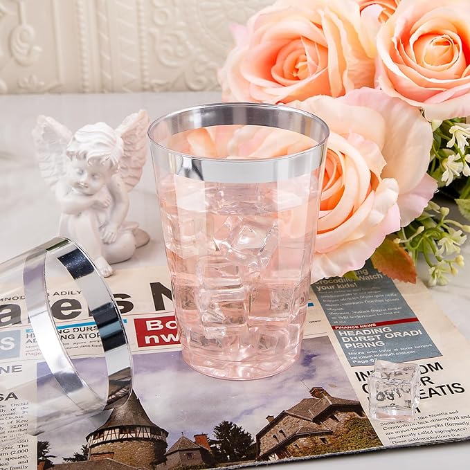 I00000 50 Pack 12 oz Silver Plastic Cups, Silver Rimmed Disposable Cups, Party Wine Glasses Disposable Cocktail Glasses Heavy Duty Cups with Silver Rim, 12 Ounce Plastic Tumblers For Party