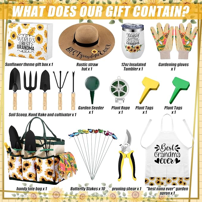 Lasnten 16 Pcs Mothers Day Garden Gift for Grandma Women Garden Tools Sunflower Birthday Gardening Supplies from Grandson Gloves Apron Insulation Cup Fork Trowel Tote Bags for Plant Lover Present