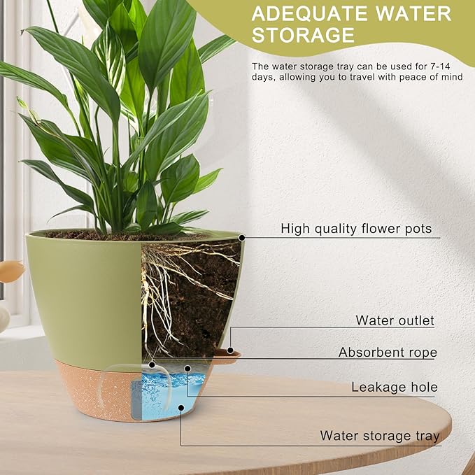 Self Watering Pots for Indoor Plants 12/10/9/8 Inch Large Plastic Self Watering Flower Pots Indoor Outdoor with Drainage Holes, Deep Reservoir,Nursery Planting Pot for Indoor Outdoor Plants