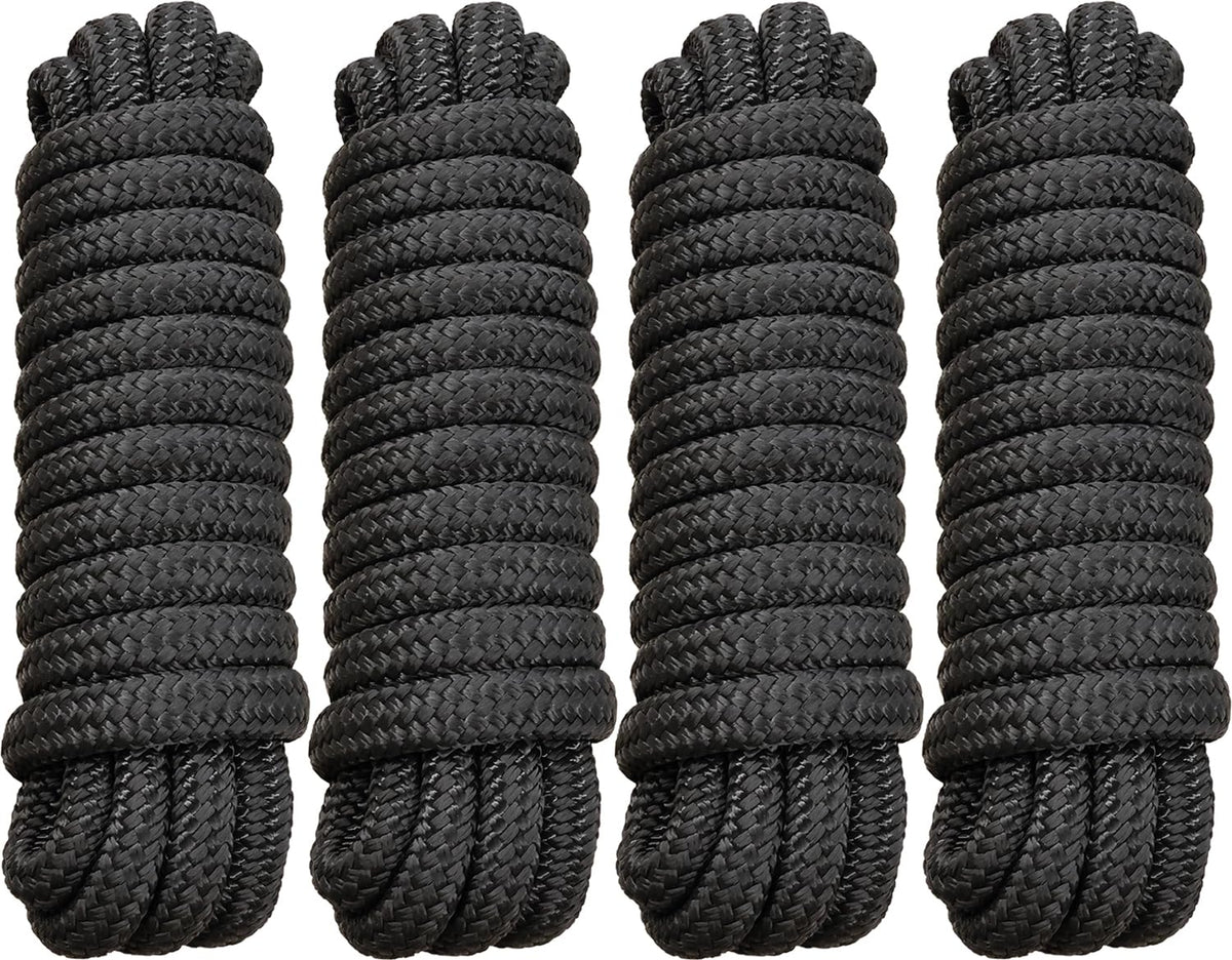 PACTHSD 4 Pack 5/8" x 20' Dock Lines - Marine Grade Nylon Boat Rope with 15" Loop for Docking and Mooring - Double Braided Boat Lines, High Strength, Easy Handling, Fray Resistant - Black