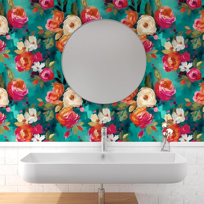 BOKEBEVE Bright Floral Wall Paper Watercolor Peel and Stick Wallpaper Oil