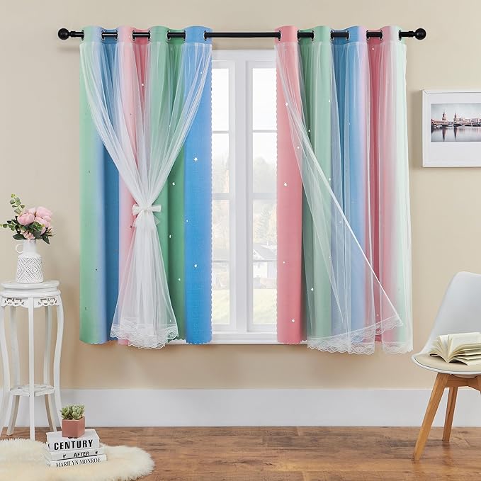XiDi Curtains for Bedroom Decor, Rainbow Pink GreenBlue52/54/1