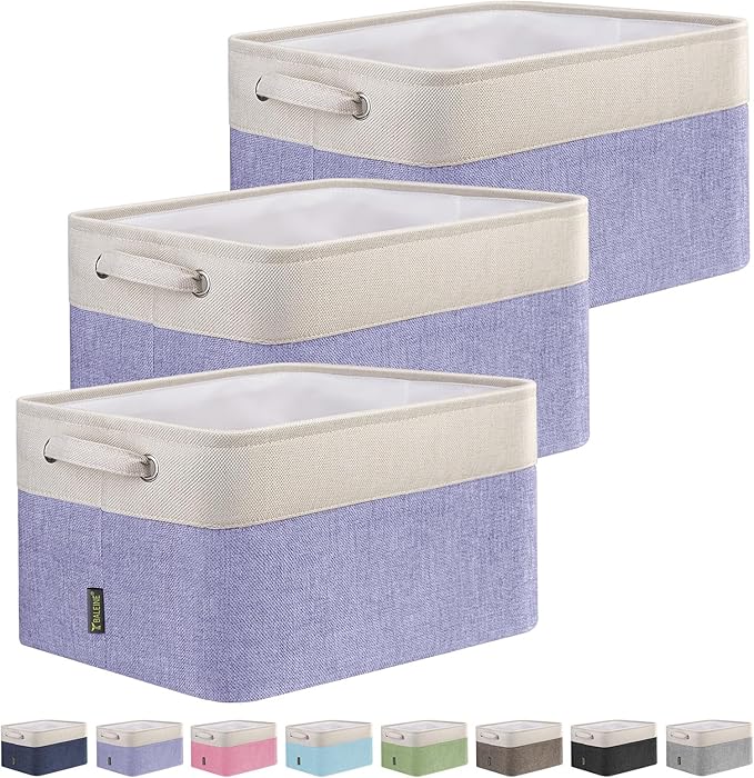 BALEINE 3 Pack Fabric Storage Bins for Shelves, Linen Storage Baskets for Organizing, Decorative Closet Bins for Clothes, Home (Lavender, 15''x11''x9.5'')
