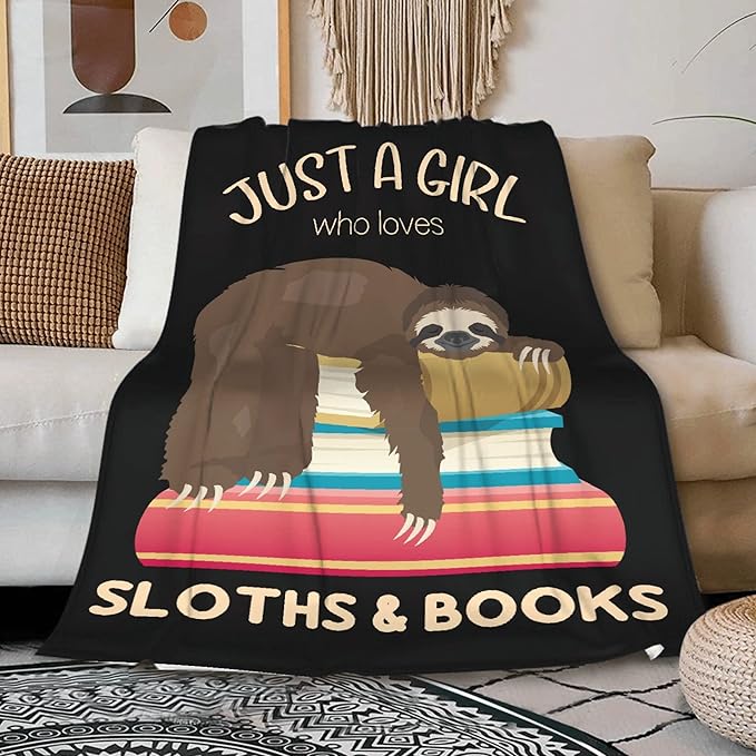 Just a Girl Who Loves Sloths and Books Blanket Lightweight Cozy Flannel Fleece Throw Blanket Best Gift Home Decor for Bed Couch Outdoor Camping 80"x60" Queen for Adults