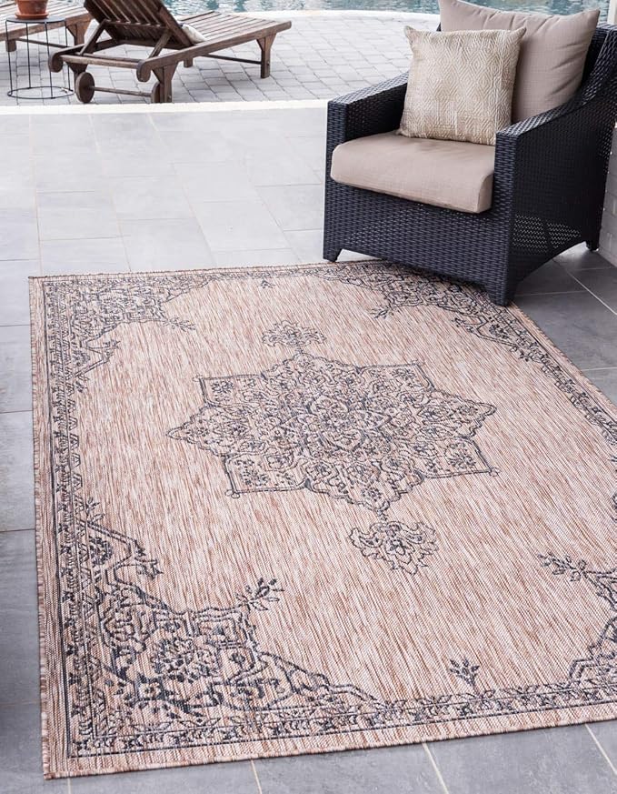 Unique Loom Outdoor Traditional Collection Area Rug - Antique (9' x 12' Rectangle, Beige/ Black)