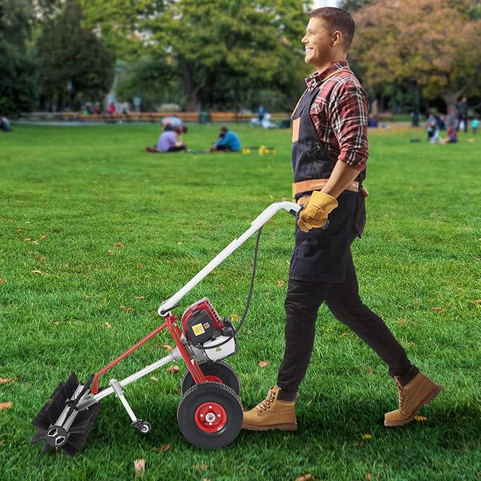 Gas Handheld Lawn Sweeper, 4 Stroke Snow Sweeping Broom Driveway Turf Lawns Artificial Grass Power Brush Lawn Sweeper Cleaner Tools, 23.62 x 23.62 x 37.8In