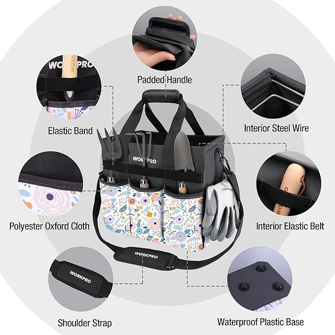 WORKPRO Garden Tool Bag Organizer, Heavy Duty Gardening Tote Bag with 10 Pockets and Long Adjustable Shoulder Strap, Standable Garden Home Tool Kits Organizer, Floral White (Tools are not Included)