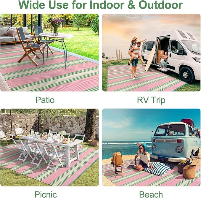 Lahome Striped Outdoor Plastic Straw Rug, Reversible Outdoor Rug Waterproof 9x12 Rugs for Patio, RV Camping Rug Picnic Mat Outside Large Carpet for Beach Deck Backyard Balcony(Pink/Green,9'x 12')
