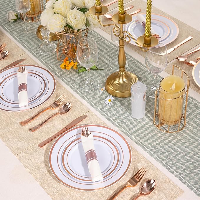 350 PCS White and Rose Gold Plastic Dinnerware Set for 50 Guests, 100 Plates for Party, 50 Pre Rolled Napkins with Gold Silverware, 50 Cups