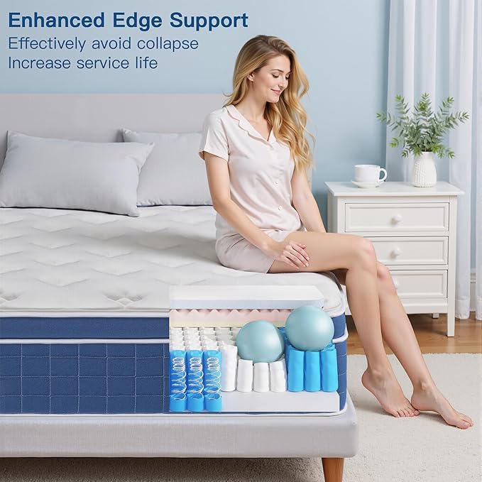 Full Size Mattress 14 Inch, Full Mattress in a Box, Hybrid Memory Foam Medium Firm Feel Individual Pocket Springs Matress, Breathable Fabric, Strong Edge Support, Fiberglass Free