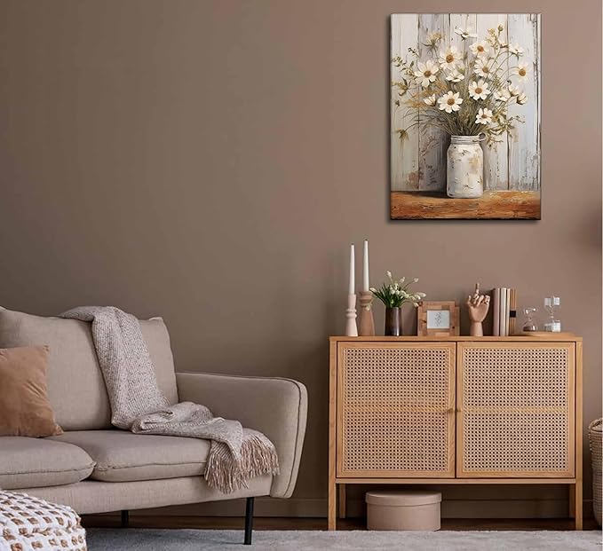 Rustic Farmhouse Daisy Floral Canvas Wall Art Vintage Neutral Country Flower Still Life Botanical Painting Picture Wall Decor Poster Print for Bathroom Living Room Bedroom Home Decoration
