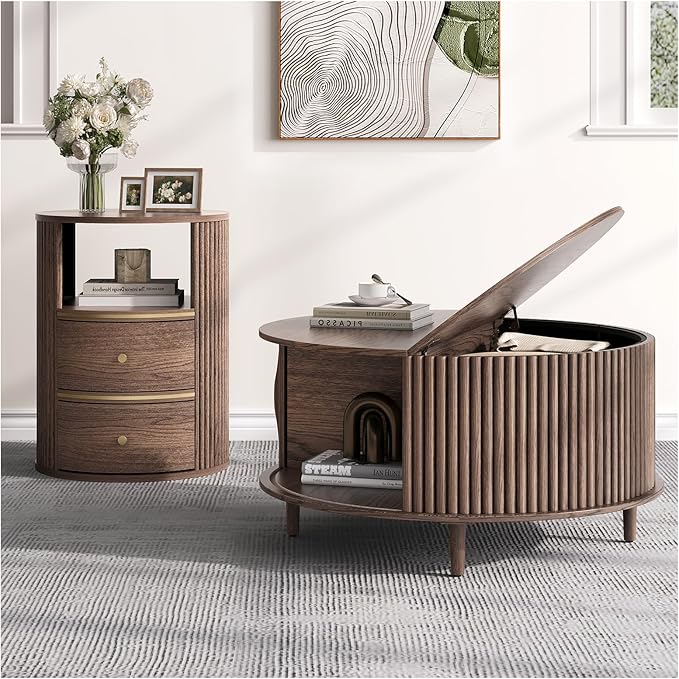 Round Coffee Table and End Table Set,31.5" Mid Century Modern Living Room Furniture, Walnut Fluted Center Table with Storage & Matching Side Table for Small Space