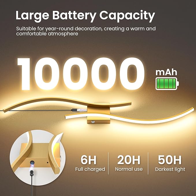 Battery Operated Wall Sconces Set of Two, 10000mAh Rechargeable Modern Wall