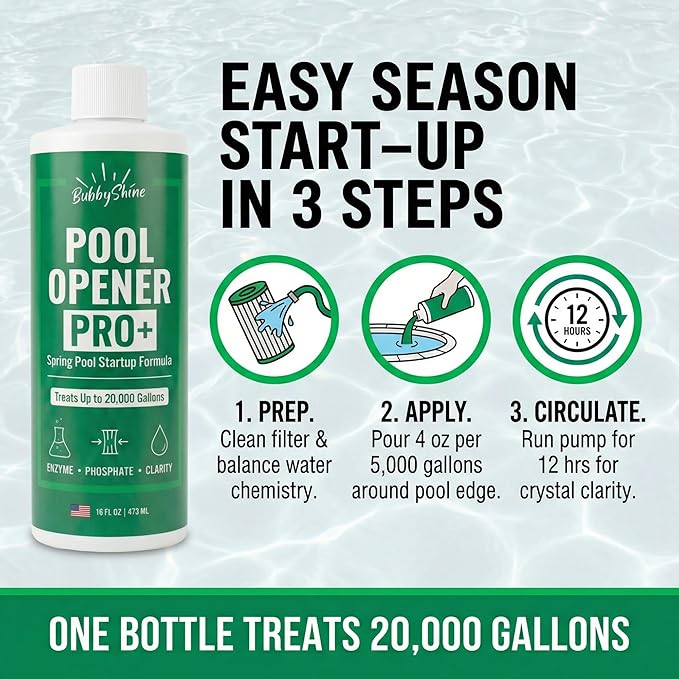 Pool Opening Chemical - 16 oz Treats Up to 20,000 Gallons - Pool Opening Kit Routine Additive (Clarifier Support) for Above Ground & Inground Pools, Chlorine or Salt Compatible – BubbyShine