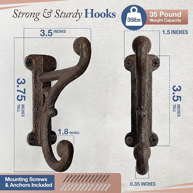 Rustic Cast Iron Coat Hooks Rustic Dark Brown, Wall Mounted, Farmhouse