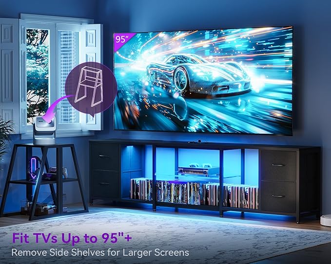Casaottima LED TV Stand for 50–65 Inch TVs with Power Outlets & RGB Ligths, Gaming Entertainment Center with 4 Drawers & Storage, Media Console Supports Up to 75/85/95 Inch Wall-Mounted TVs, Black