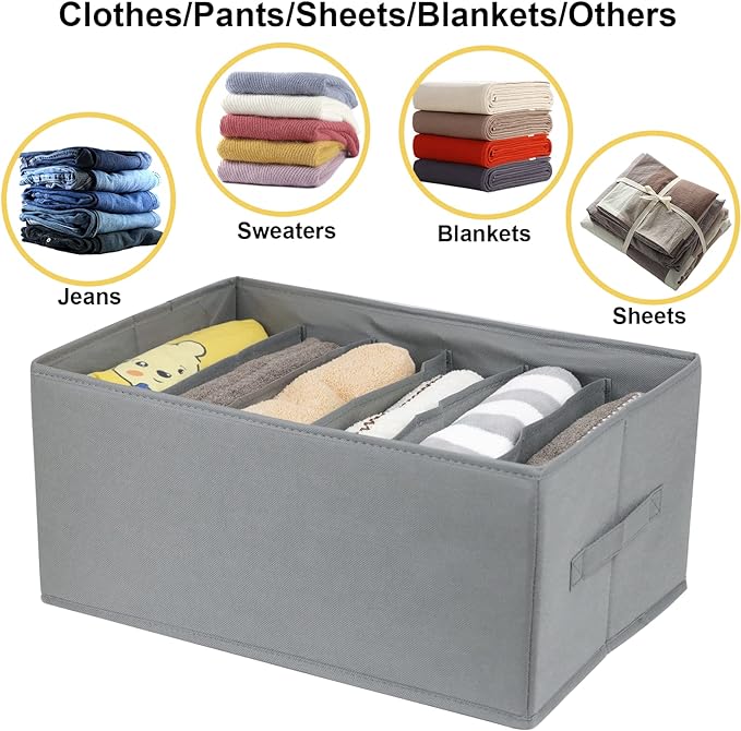 Extra Large Clothes Closet Organizer 6 Compartments for Jean Sweater Sheets to Shirt - Divided Clothing Storage Boxes for Closet, Wordrobe, Bedroom, Shelf (4pc Gray)