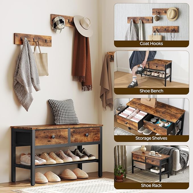 Hall Tree with Bench and Shoe Storage, Entryway Bench with Coat Rack, 4-in-1 Coat Rack Shoe Bench, Multifunctional, for Front Door, Hallway, Foyer, Rustic Brown and Black MT05BR