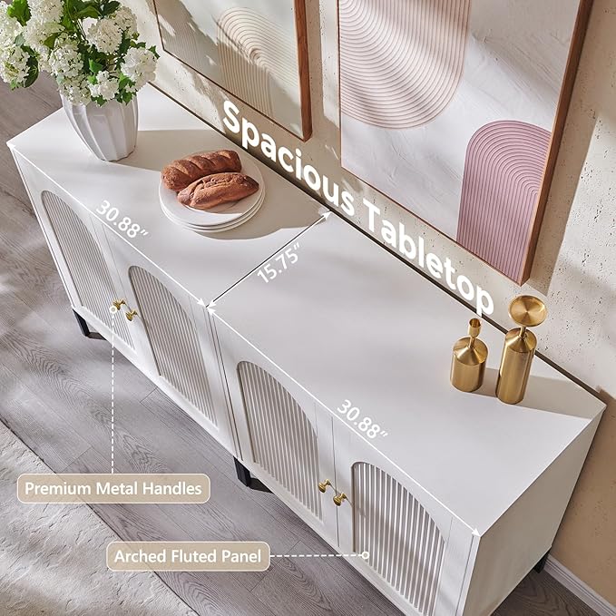 Modern Buffet Cabinet with Storage, 61.75" W Fluted Arched Sideboard Cabinet w/Adjustable Shelves, Wooden Modular Coffee Bar for Dining Room, Kitchen, Living Room, Entryway, White