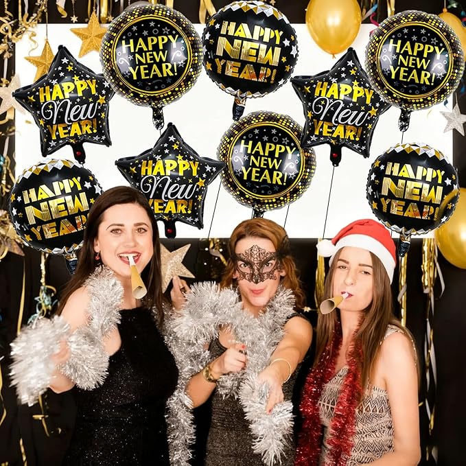 9 PCS Happy New Year Balloons Black Gold 18 Inch New Years Balloons for Happy New Year Decorations 2026 New Years Eve Party Supplies